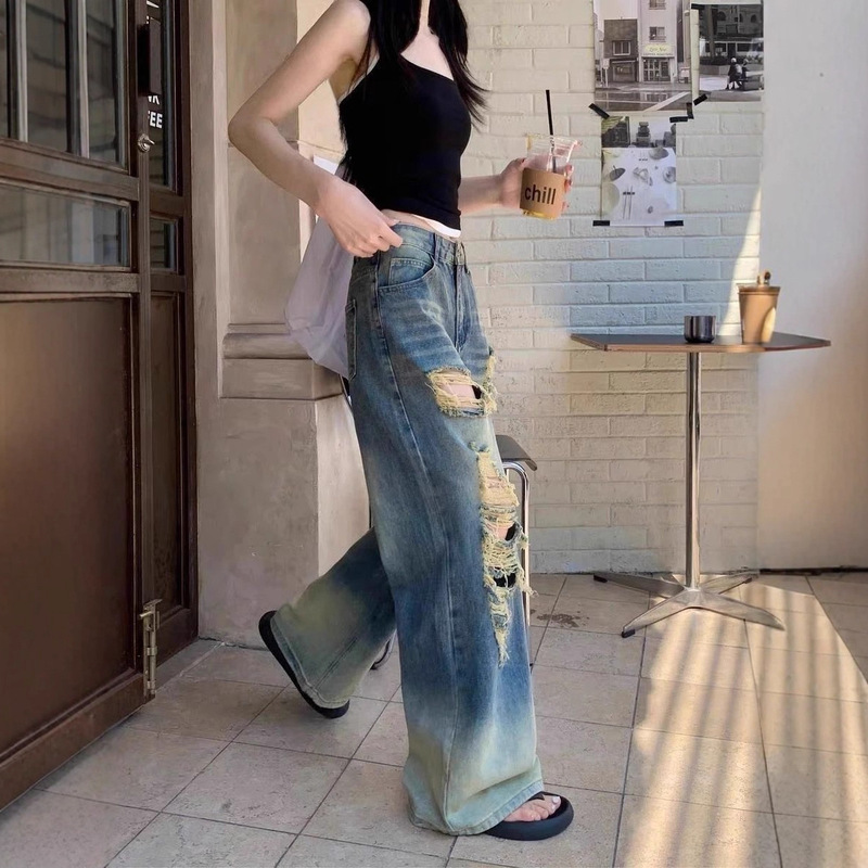 夏季2025年新款美式复古做旧破洞阔腿牛仔裤女高腰宽松显瘦拖地裤|undefined