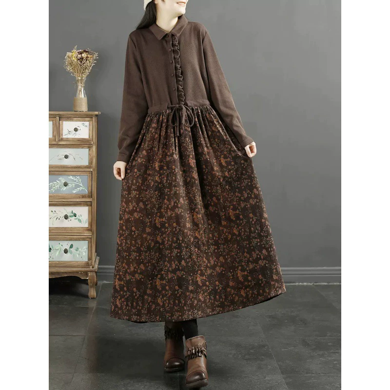 Осеннее oversize женское платье, цветочный принт, эластичный пояс, размеры M–XXL