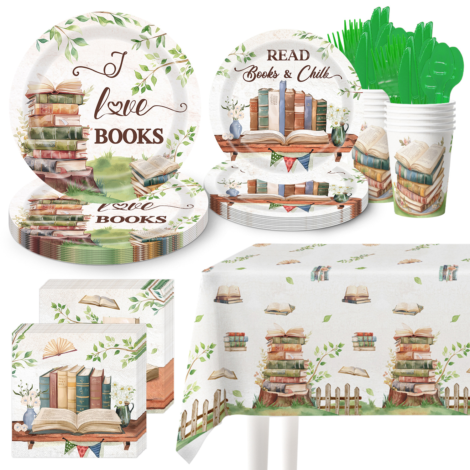 Reading Birthday Holiday Party Decoration Disposable Tableware suit Paper Tray Paper Cup Paper Towel Tablecloth
