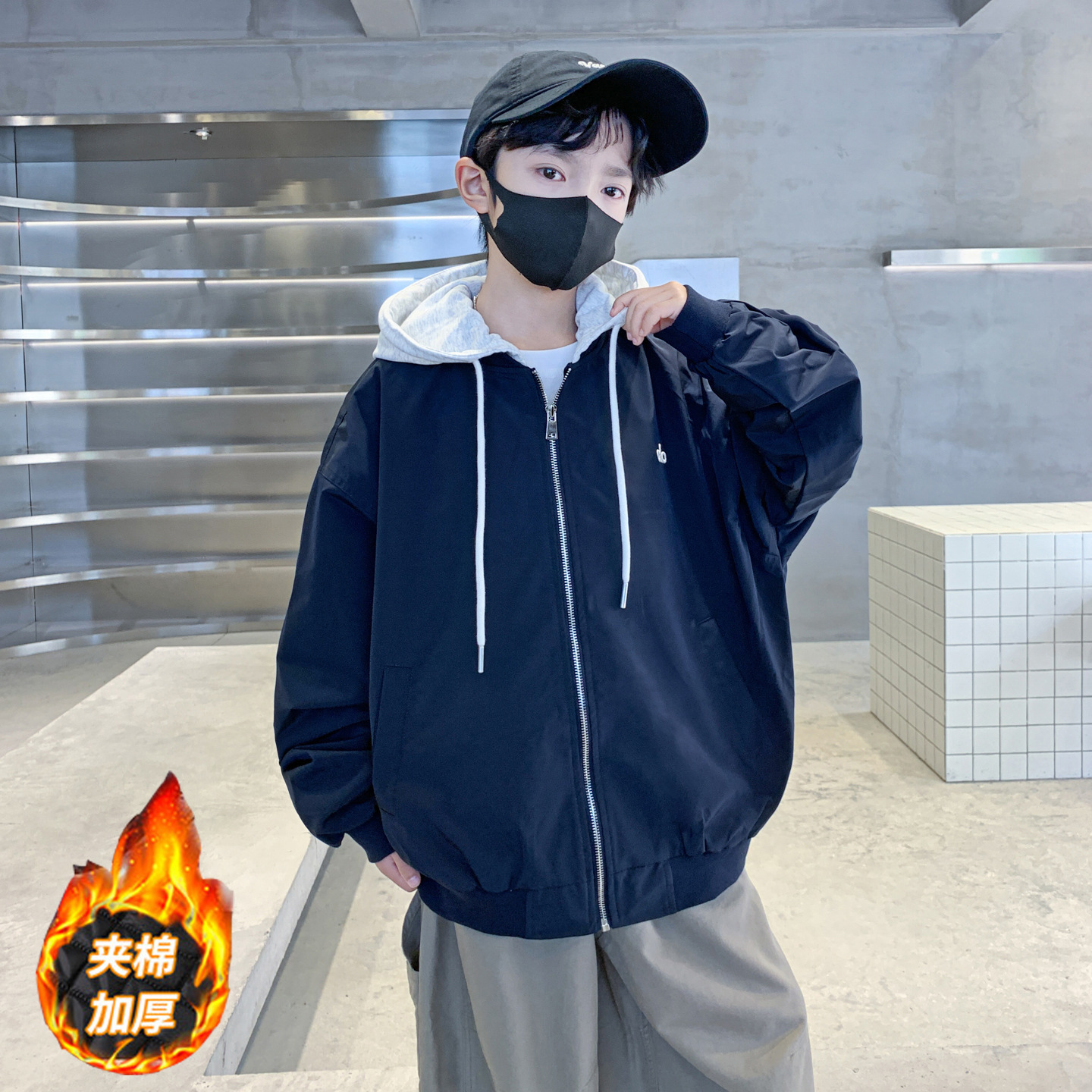 男童秋冬款夹棉连帽风衣外套大童2025冬季薄棉衣男孩上衣跨境批发