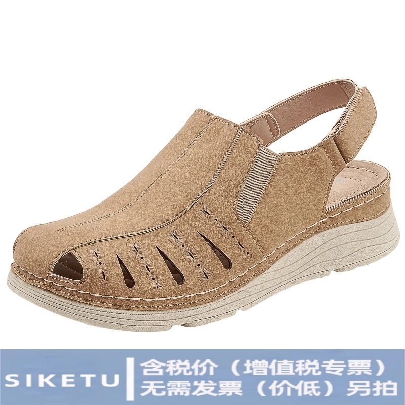 Sandalias de cuña para mujer, estilo europeo y americano, otoño 2025, con costuras, ligeras, cierre de velcro, punta cerrada, diseño hueco, tallas grandes.