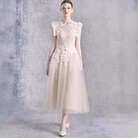 越南小众女装2025年新款公主风蕾丝钩花仙气收腰连衣裙伴娘裙2076