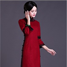 2024年上海品牌jfelvls手工定制深红旗袍相黑边丝质女礼服中长款