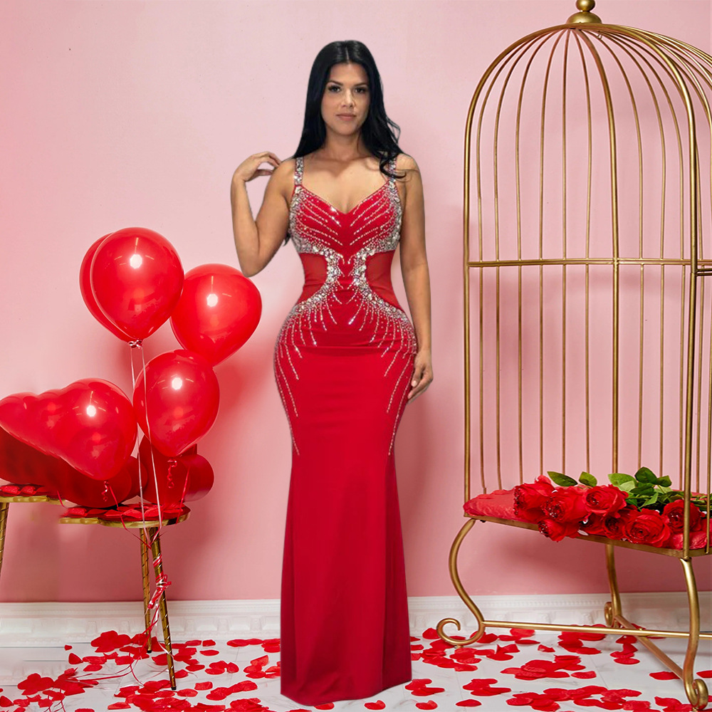 Damen V-ausschnitt Abendkleid Mit Strass Für Festliche Anlässe_voghion.com