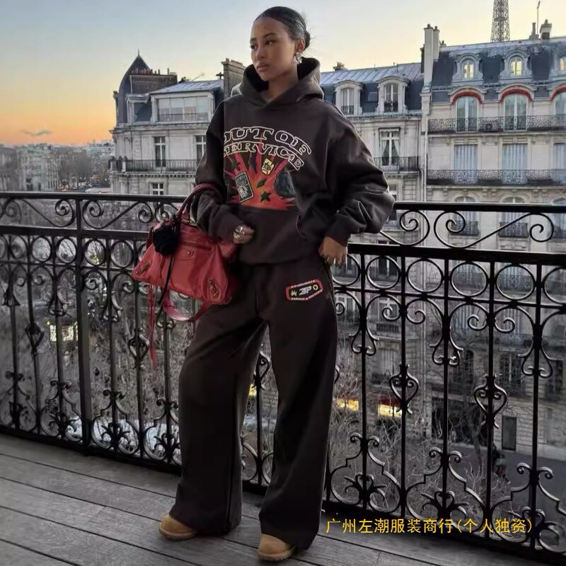 European and American Trendy Retro Graffiti Print Foam Letter Casual Loose Sweatshirt Couple Hoodie Set Sweatpants