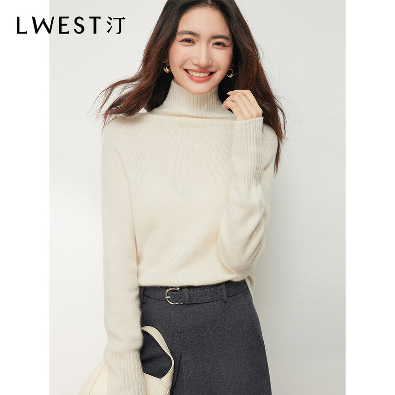 港米服饰100%羊毛针织衫女2025冬季新款简约通勤高领套头纯色毛衣|undefined