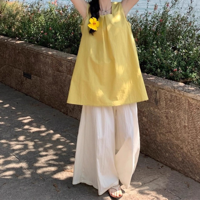 Korean Style Yellow Sleeveless Vest Shirt for Women 2025 Summer New Style Loose and Loose Mid-Length Sleeveless Top Trendy Korean Style Yellow Sleeveless Vest Shirt for Women 2025 Summer New Style Loose and Loose Mid-Length Sleeveless Top Trendy