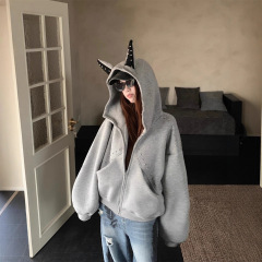 春秋美式高街耳朵铆钉拉链开衫卫衣男女设计感宽松情侣休闲外套潮
