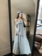 クールで高級感のあるスーツ、ゆったりとしたキャミソールトップス、女性用夏用ハイウエストAラインスカート2点セット