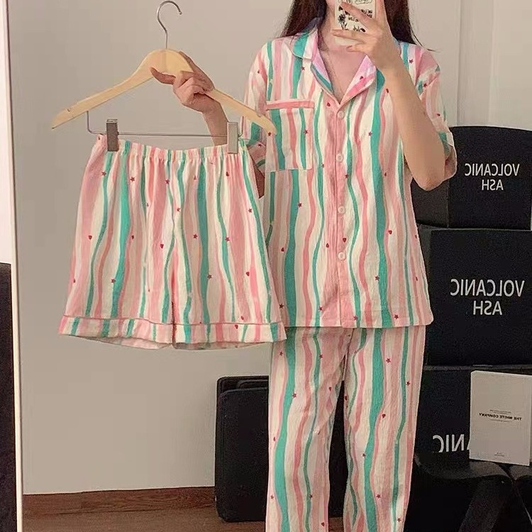 Verano nuevo pijama de algodón mujer dulce lindo ocio simple rayas se puede usar ropa de casa tres piezas conjunto al por mayor