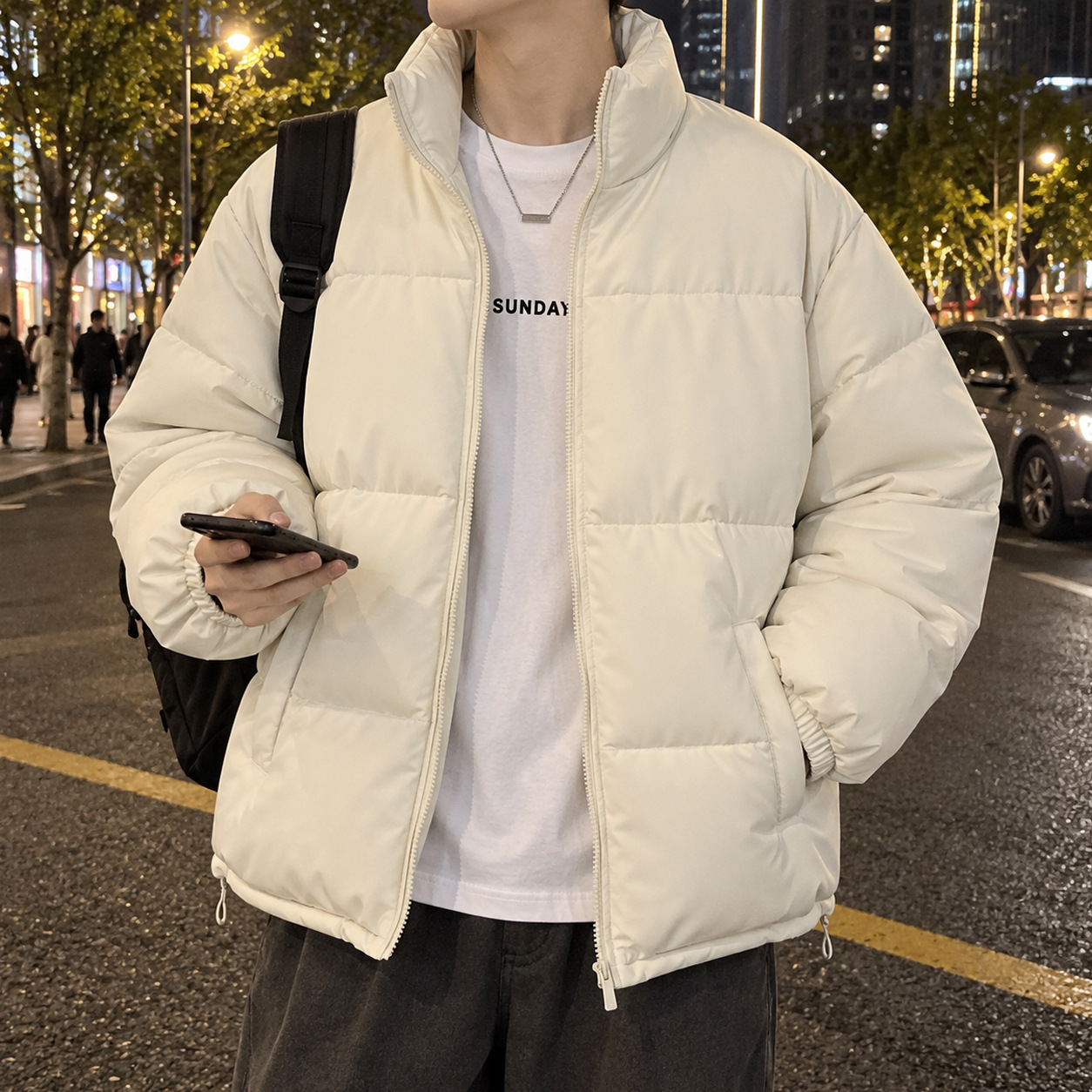 Men's cotton jacket, winter fashion, trendy American-style cotton coat, solid color, zip-up, stand-up collar, cold-proof, warm, thickened cotton outerwear