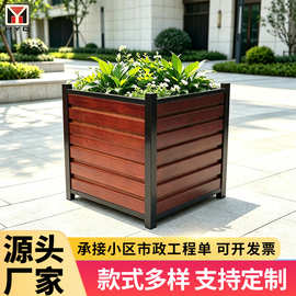 简约商业街道隔断花箱室外带logo防腐木花槽户外商场广场木质花箱
