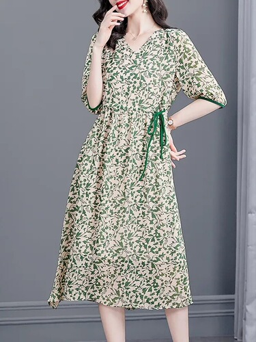 Celebrity style, floral collar, short-sleeved dress, summer new style, green large-size mid-length dress