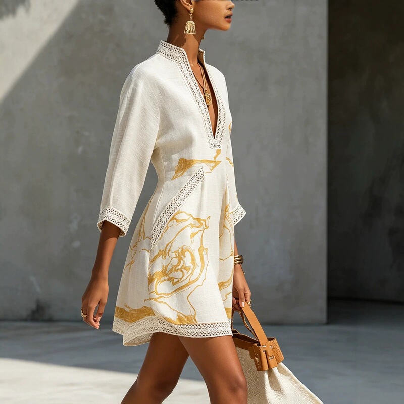 Navy Blue Gold Thread Abstract Print V-Neck Lace-Trimmed Three-Quarter Sleeve Loose-Fitting Holiday-Style Cotton-Linen Short Dress