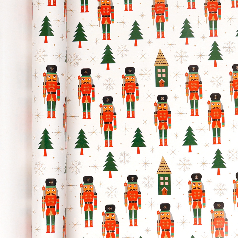 Amazon venta caliente super volumen de papel de embalaje de regalos de Navidad soldados Lollipop multicolor ciervo papel de embalaje de rollo