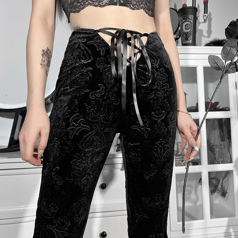 Print Gothic Style Low Waist Lace-Up Flared Pants NSGYB116450