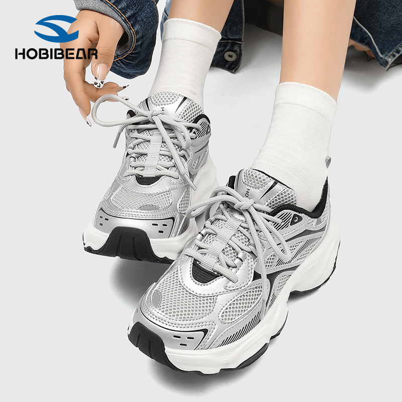 Hobibear Double Mesh Youth Sports Shoes Spring and Autum Simple Flats Wear-Resistant Thick-Soled Dad Shoes Factory Direct Sale