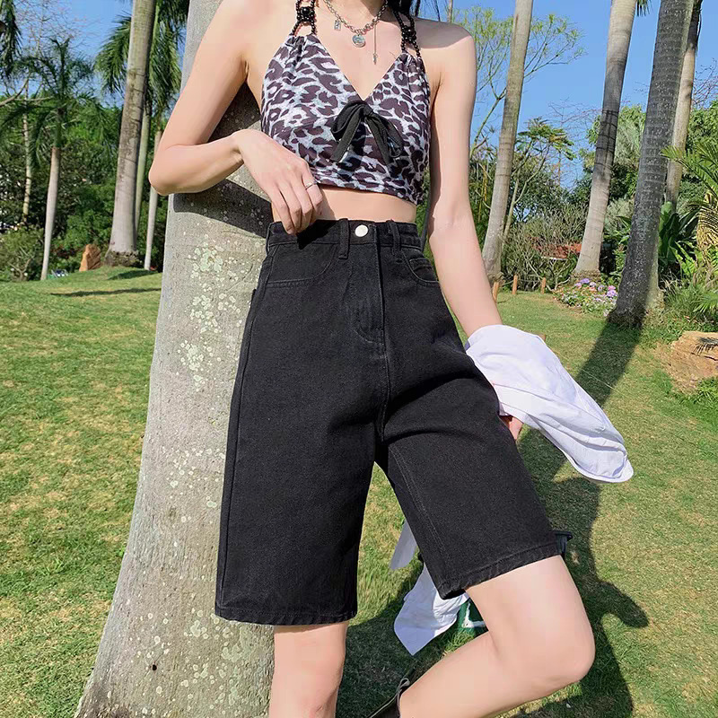 【Han Niu】American-Style Black High-Waisted Denim Shorts for Women, Loose Fit, Slimming, Popular Style, Loose Straight-Leg Mid-Length Pants