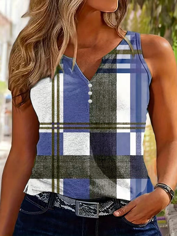Women's Plaid Print Color-Block Tank Top, Loose Fit Sleeveless Summer Casual Vest, Breathable Milk Silk Blend Fabric_ecoleips.com