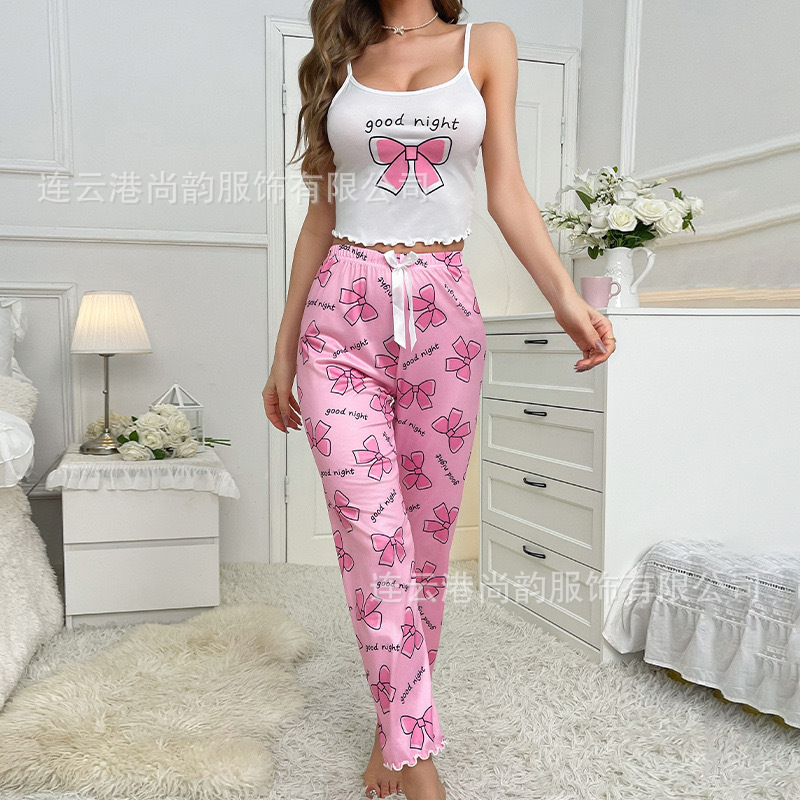 Conjunto de dos piezas de ropa informal para estar en casa, con camisola y pantalones largos, pijamas sexys, envío directo de fábrica, lujo ligero