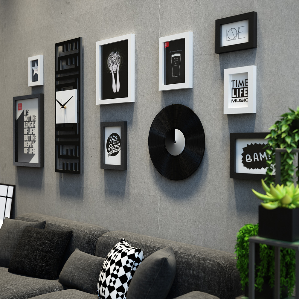 高分子_3471_照片牆復古混搭組合相框簡約裝飾畫真鐘錶能換相片