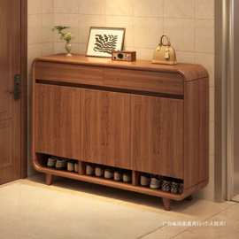 实木色鞋柜家用门口玄关柜靠墙一体电梯口新中式阳台柜储物柜鞋架