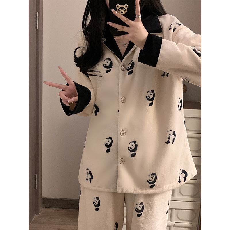 일본 팬더 잠옷 여성의 가을과 겨울 산호 양털 기모 두꺼운 2024 새로운 카디건 홈 의류 겨울 세트