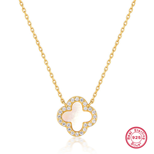 S925 Silver Jewelry Set Cross-border Hot Selection Enamel Natural Mother-of-Pearl Four-Leaf Clover Necklace Earrings Classic Versatile Style