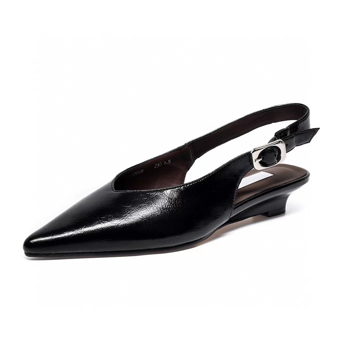 Sandal cao gót nữ mũi nhọn quai ngang da thật, gót xuồng 7 cm — đen