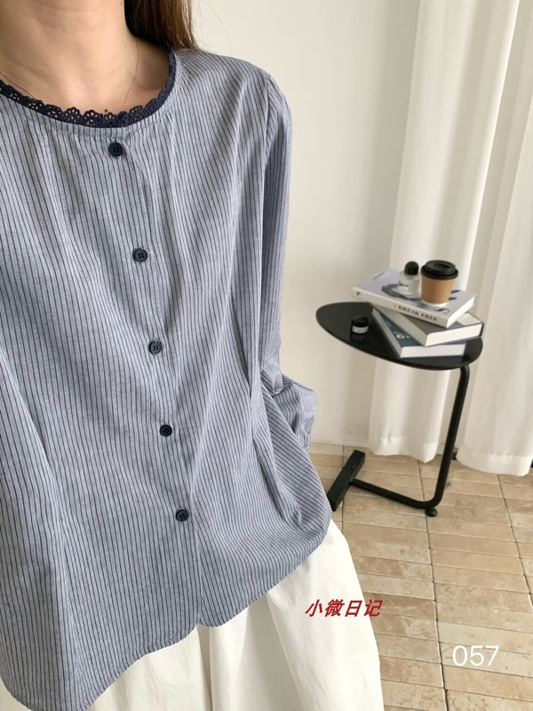 女洋气条纹衬衫花边显瘦时尚百搭宽松圆领休闲通勤长袖衬衣A7033|undefined