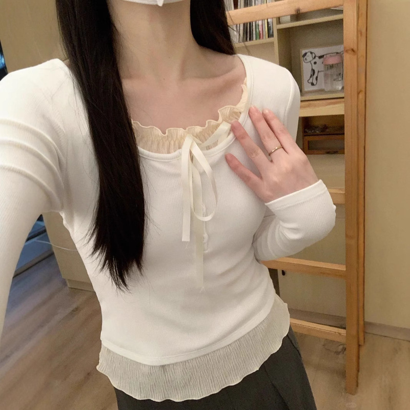Autumn Dress Fake Two-piece Inner Base Shirt Women's 2024 Early Spring Ballet Style Pure Long Sleeve Top Slim-fit Chic T-shirt