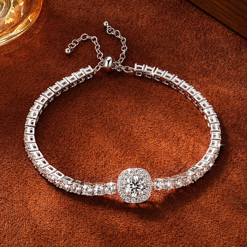Cross-Border Live Broadcast of Moissanite Square Single Stone Bracelet, One Carat Tennis Chain with Sliding Adjustment Clasp, Gold-Plated Bracelet Cross-Border Live Broadcast of Moissanite Square Single Stone Bracelet, One Carat Tennis Chain with Sliding Adjustment Clasp, Gold-Plated Bracelet