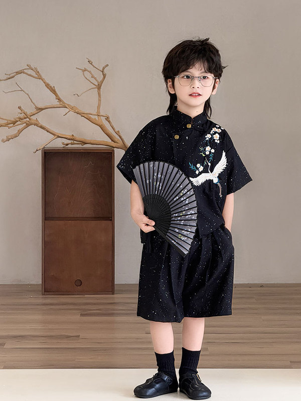 2025 ホットスタイル男の子唐スーツ半袖スーツ黒底鶴花刺繍ショーツ漢服ワンピースドロップシッピング|undefined