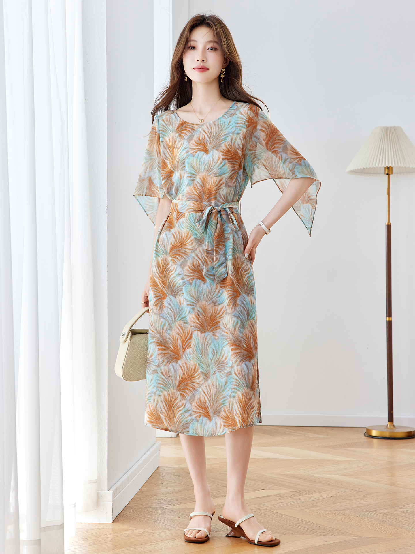 Đầm maxi nữ thắt eo in họa tiết hoa tay ngắn dáng suông che khuyết điểm — xanh lam, Màu hồng
