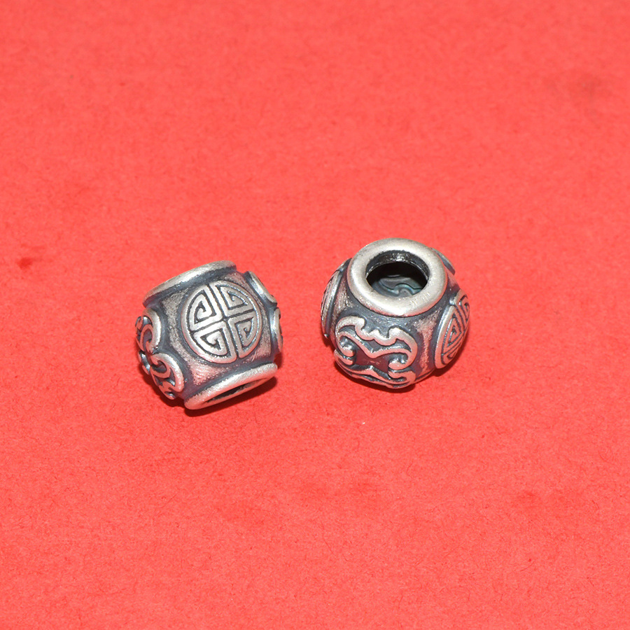 S99 Pure Silver Concave-Convex Spacer Beads with Six-Word Mantra, Loose Beads for DIY Handmade Beading, Stringing, and Barrel Bead Accessories