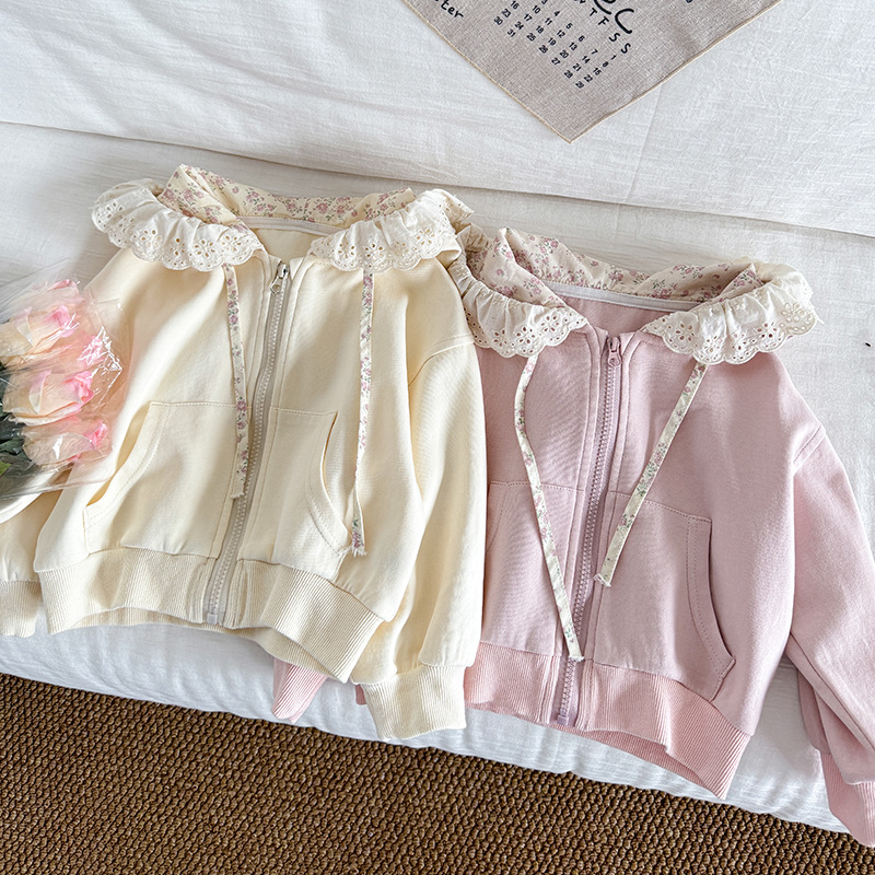 Girls' Korean-Style Jacket 2026 New Model Children's Spring and Autumn Cute Versatile Hooded Lace-Trimmed Knit Sweatshirt