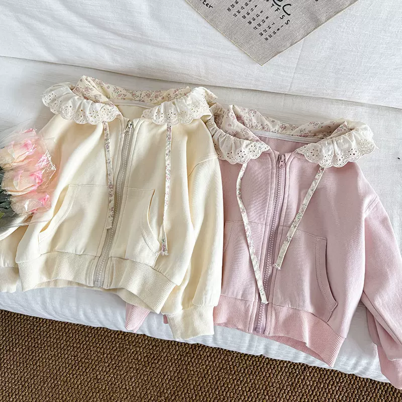 女童韩版外套2025新款儿童春秋田园可爱百搭带帽蕾丝边针织卫衣