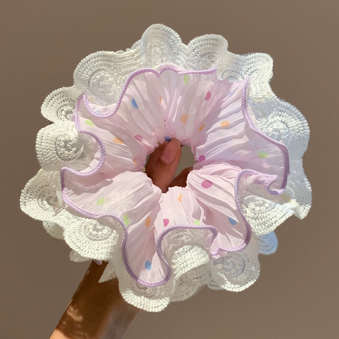 85# taro purple polka dot gauze lace trim with textured edge, approximately 16cm