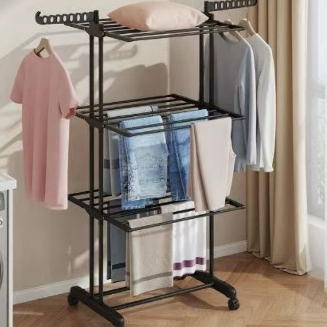 Rack de toallas con base plegable de doble columna rack de secado de ropa móvil interior y exterior rack de secado de ropa multifuncional de tres capas