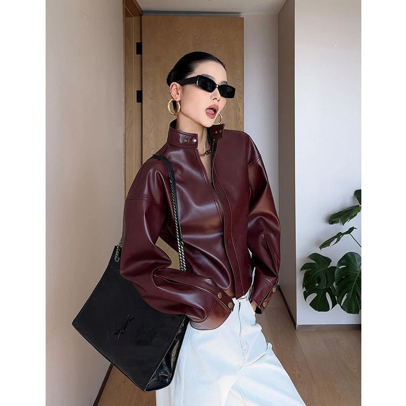 韩系高级感立领长袖外套女春季新款时尚显瘦皮衣减龄小众开衫上衣|undefined