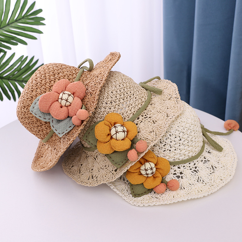 Korean woven straw hat summer childrens new big flower sunscreen fishermans hatpicture1