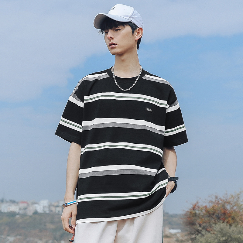 Hanlu Men's Clothing 2025 Summer New Couple Short-Sleeved T-Shirt Men's Loose Japanese Style Black and White Striped Round Neck T-Shirt Men Q