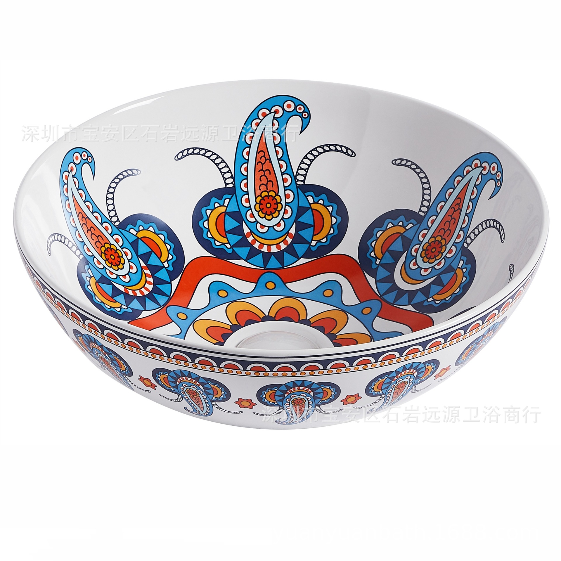 Bathroom Balcony Ceramic Integrated New Chinese Style Wash Basin 16 Inch Round Basin Decal Paper Villa Courtyard
