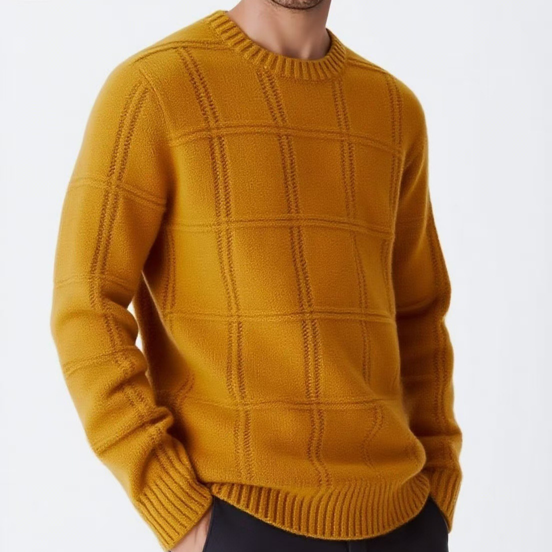 Three dimensional knitted solid color sweater with a round collar…