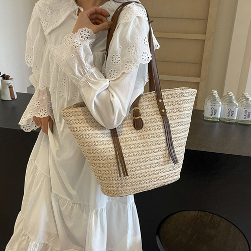 Straw large capacity bag women's bag woven summer beach women's 2024 new bag shoulder handheld tote bag large bag