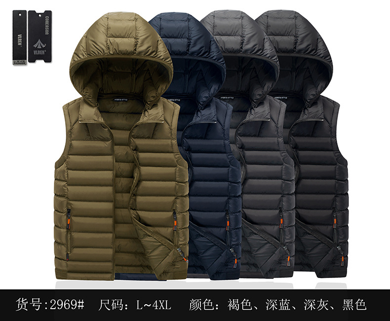 Otoño e Invierno de color sólido costilla de algodón acolchado abrigo de los hombres chaleco delgado con capucha casual cuello desmontable en stock bolsillo de costura lateral