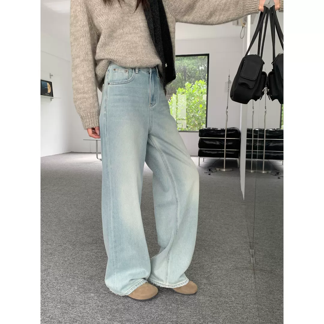 GAGD “雅痞风尚”简约浅色直筒加绒牛仔裤女 宽松显瘦阔腿牛仔裤
