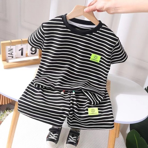 Children's short-sleeve set summer striped casual fashionable set summer trend Korean version baby home clothes