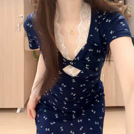 优质质量！扭结镂空短袖连衣裙女夏季碎花裙收腰A字裙藏蓝色长裙