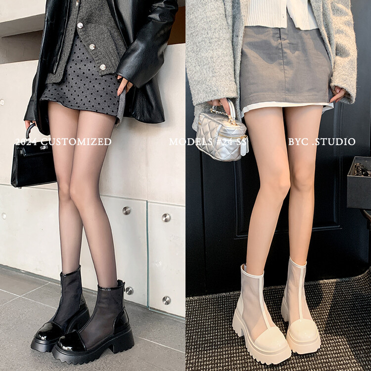 Boot ngắn nữ da thật vải lưới cao gót 6cm mùa hè phong cách Anh thoáng khí — Màu đen, Trắng be chi tiết 120